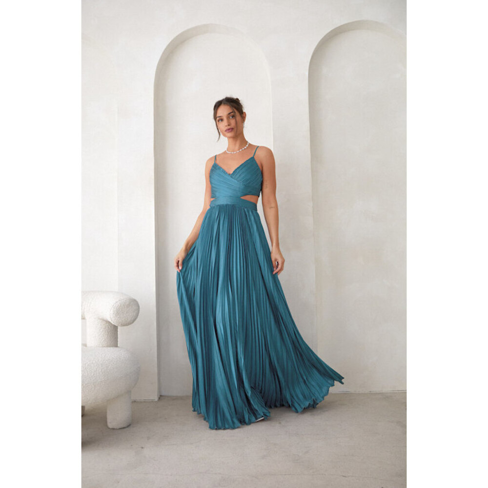 Lulus Got The Glam Teal Pleated Cutout Maxi Dress Blue - Size M